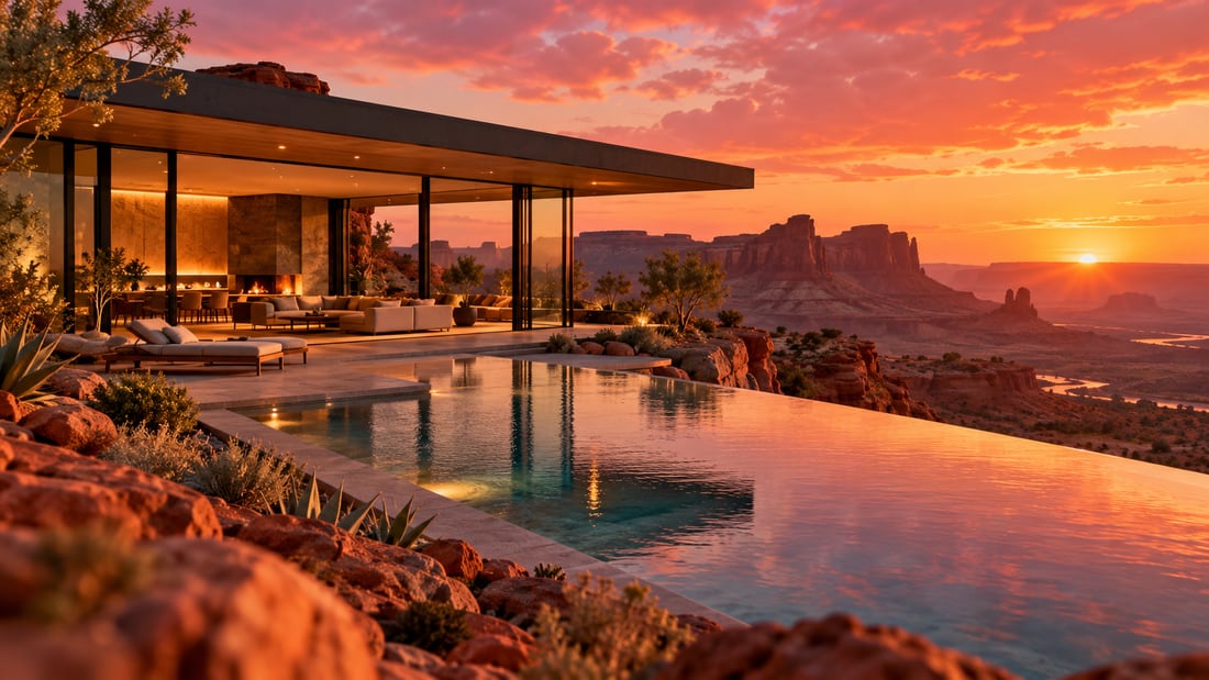 Modern desert house at sunset used in a collaborative edit